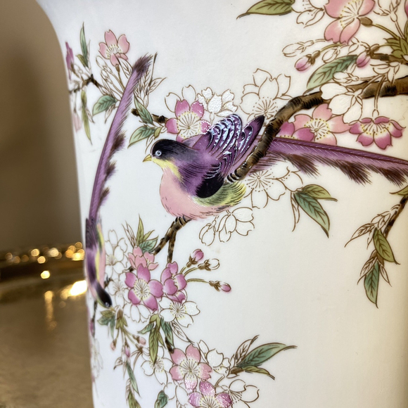 Vtg Unique Shaped Japan Vase Birds Perched On a Cherry Tree Branch Hand Painted - Picture 3 of 10